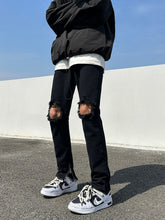 Men Jeans Black Ripped Zipper Jeans Summer Straight-Leg Trousers